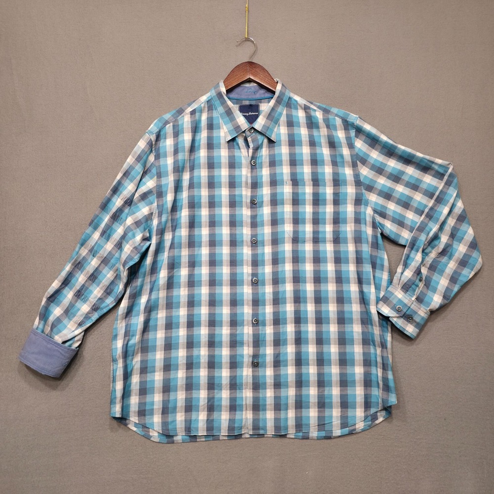 Tommy Bahama Men's Blue Plaid Long Sleeve Flip Cuff Button Up Shirt Size XL